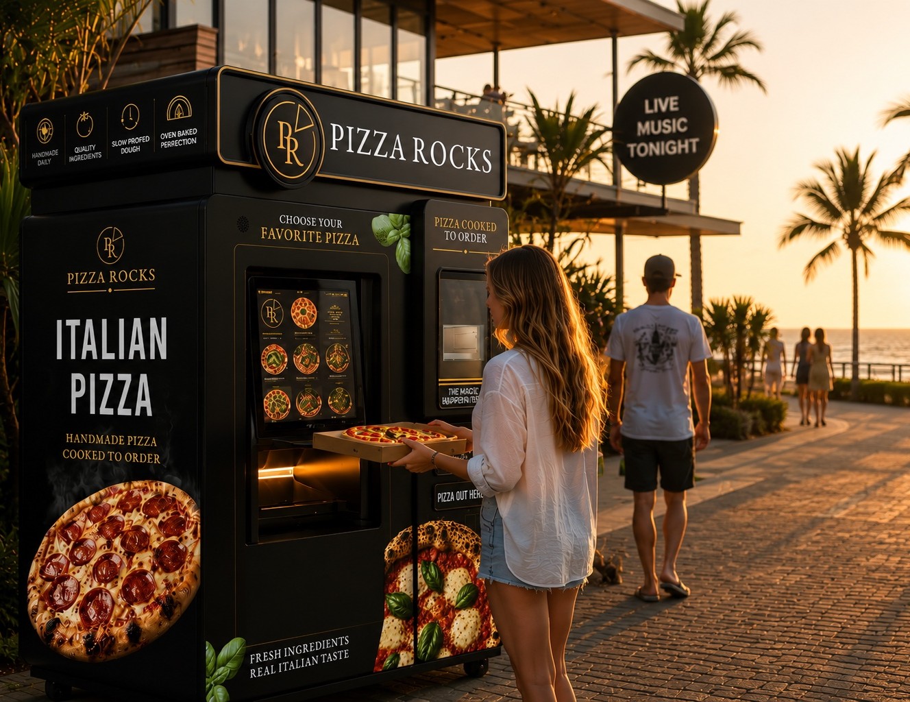 Pizza Rocks machine serving a customer on a Sunshine Coast promenade at dusk